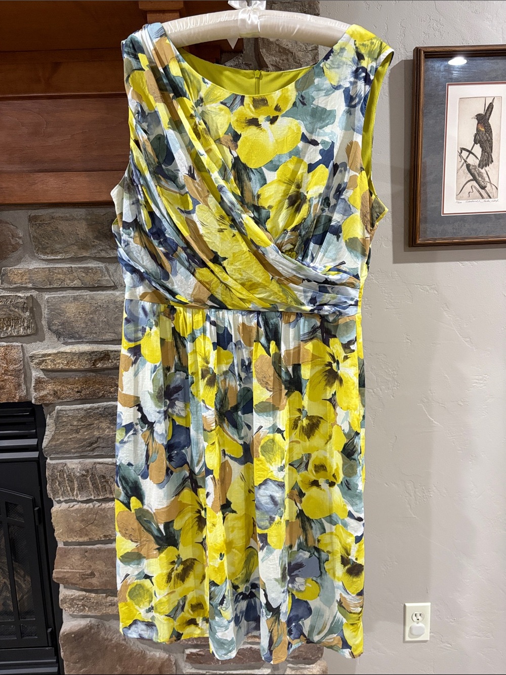 connected apparel Sz 16 Yellow Floral Lined Midi Dress with Blue and Tan Accents